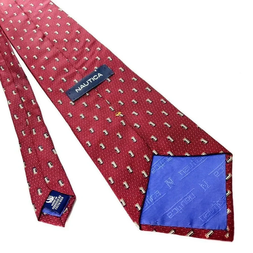 Nautica Red Silk Tie Woven Short Wide‎ Geometric Herringbone